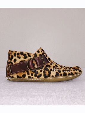 Quoddy Ring Moccasin Ankle Booties Leopard Print Fur Leather US 7